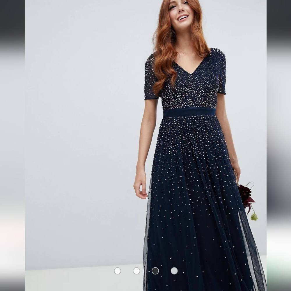 Maya v neck maxi tulle dress with contrast tonal delicate sequins in navy